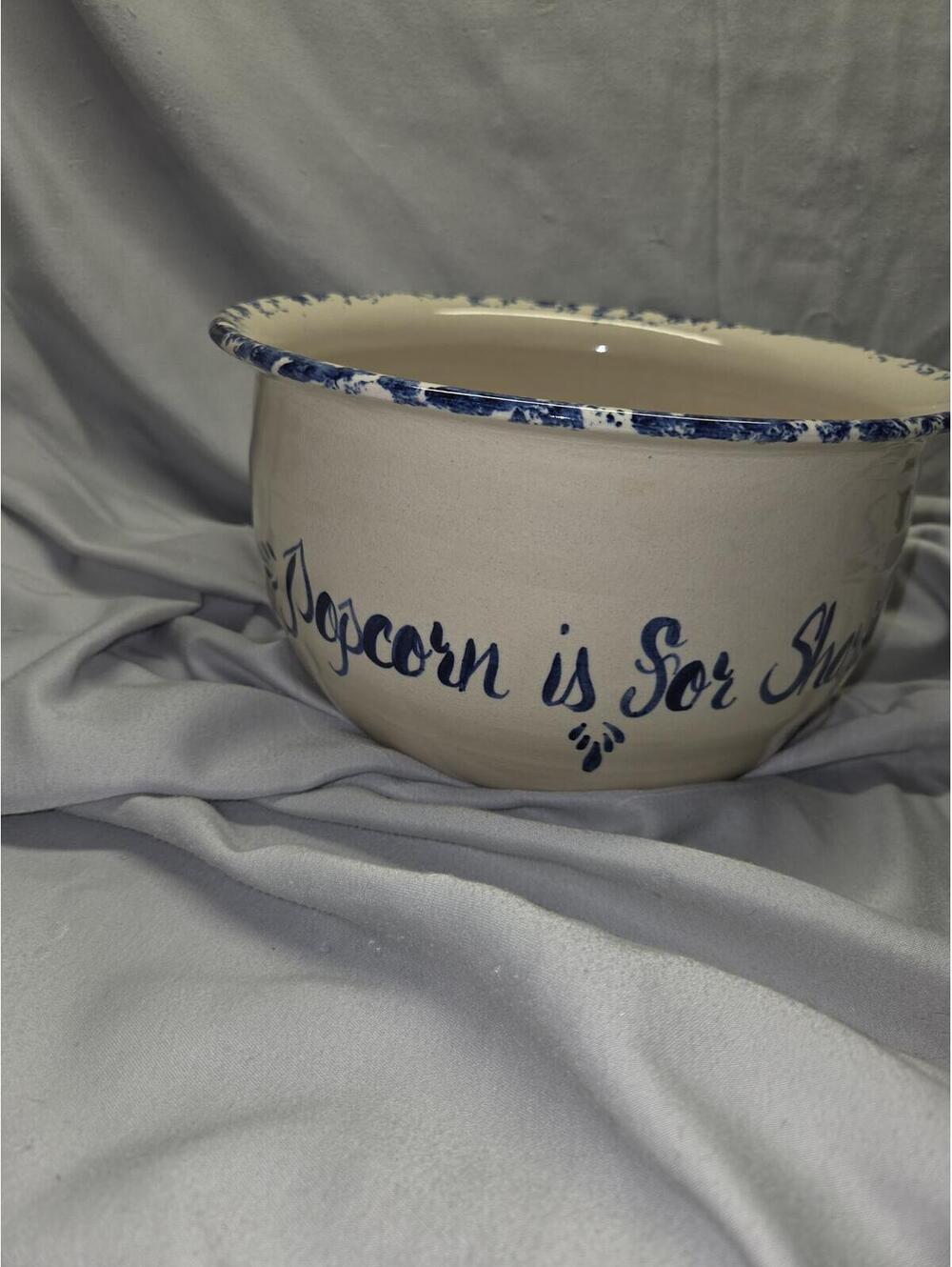 Pottery Ceramic Popcorn Bowl with Blue Trim and Hand-Painted Lettering